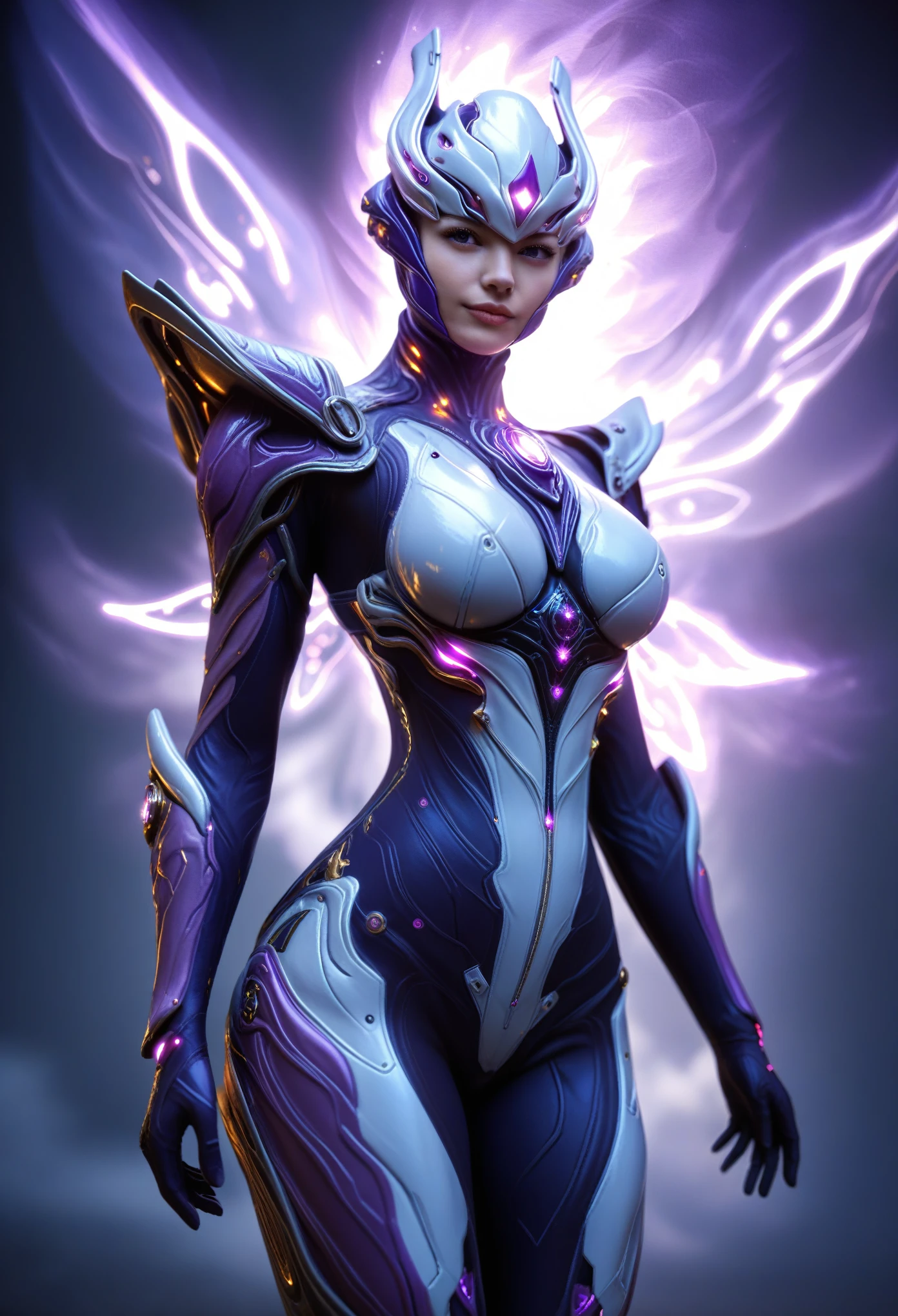 score_9, score_8_up, score_7_up, Wear purple mechanical clothing, Wonders of the machine, cyber, Cybernetic Guardian, Futuristic Armor, whole body, Front pose, Symmetric, Complex (Steel Metal [rust]), joint, Warframe style, cyborg, Female body armor, (Best Quality, 4K, 8K, High Definition, Masterpiece:1.2), (Ultra Detailed, Realistic, Photorealistic:1.37), detailed fractal patterned skin, cute lips, Bioluminescence, (dark aura:1.5)