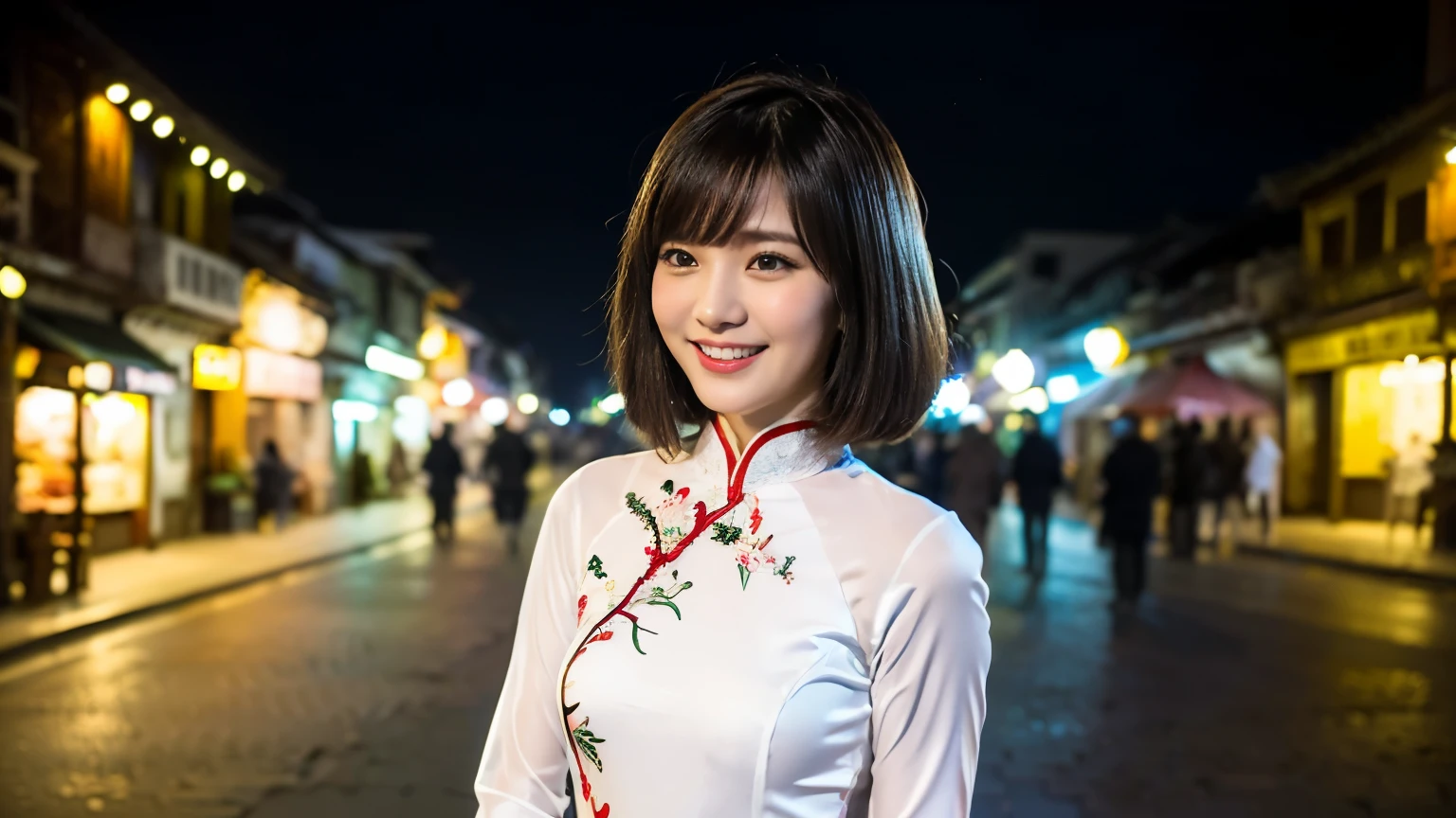 (nice lady, 18 years old, Vietnamese traditional costume white ao dai, Posing on the streets of Hoi An Old Town,Full shot, Under the night sky, Friendly expression, Auxiliary smile, cute fangs, Bob cut with bangs, Beautiful and detailed face, beautiful and delicate eyes, voluptuous breasts, realistic, surrealism, high contrast, Ultra HD, realistic skin texture, Best image quality, top quality, ultra high resolution, fine details, very meticulously, masterpiece, From head to knee, cowboy shot, Romantic atmosphere, bokeh night background)