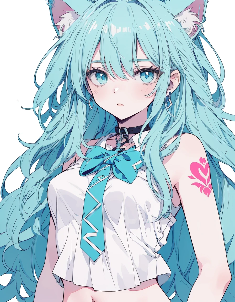shaded face, jitome, midriff, tattoo, towel body, ((masterpiece, best quality:1.5)), ((Beautiful detailed cat aqua eyes:1.2)), cat ears, pale skin, medium breasts, beautiful hands, beautiful fingers, EasyNegative