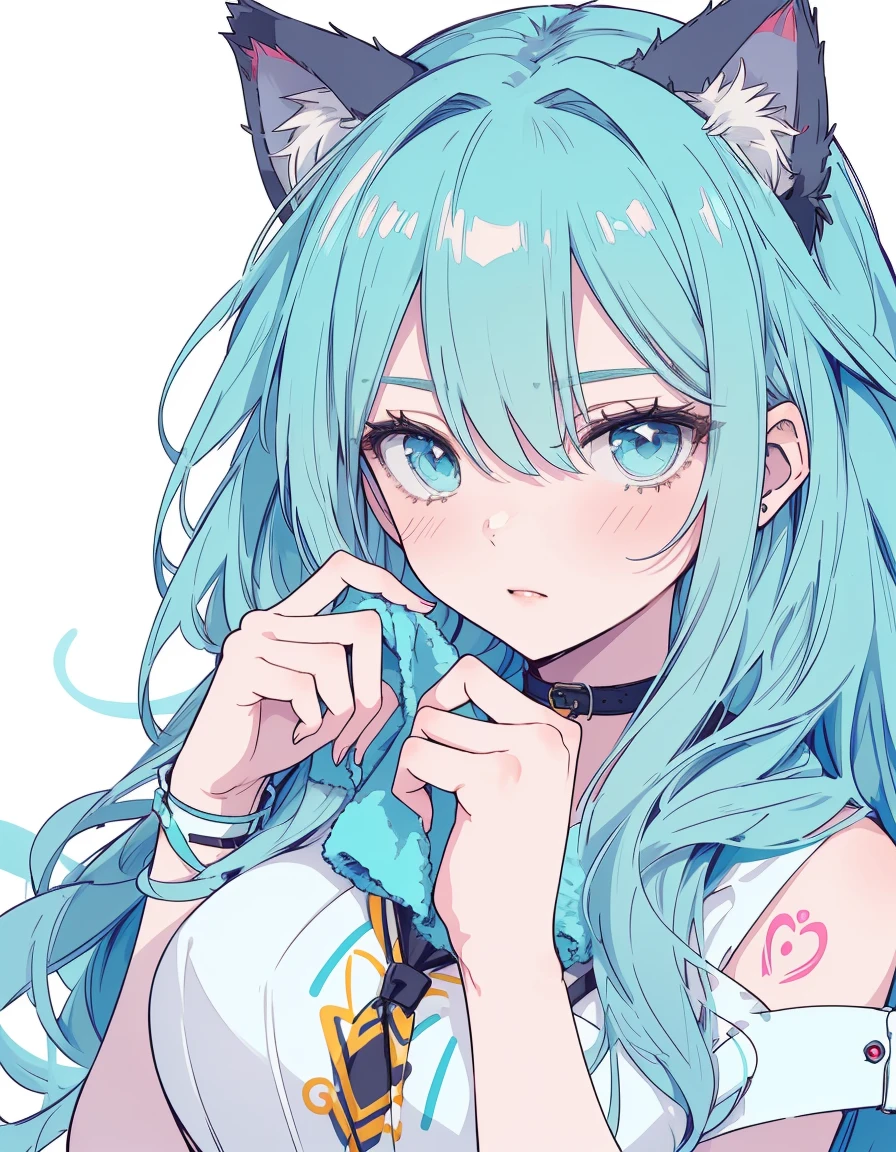 shaded face, jitome, midriff, tattoo, towel body, ((masterpiece, best quality:1.5)), ((Beautiful detailed cat aqua eyes:1.2)), cat ears, pale skin, medium breasts, beautiful hands, beautiful fingers, EasyNegative