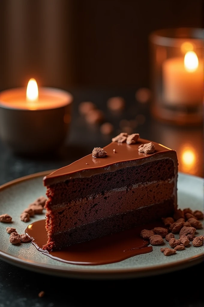 Chocolate cinematic movie scene, bolo de chocolate, darkness background, quality photo, Wet texture, penthouse, studio photo, slice. shallow depth of field, vignettes, highly detailed, high budget, bokeh, cinemascope, temperamental, epic, comely, film grain, grainy.