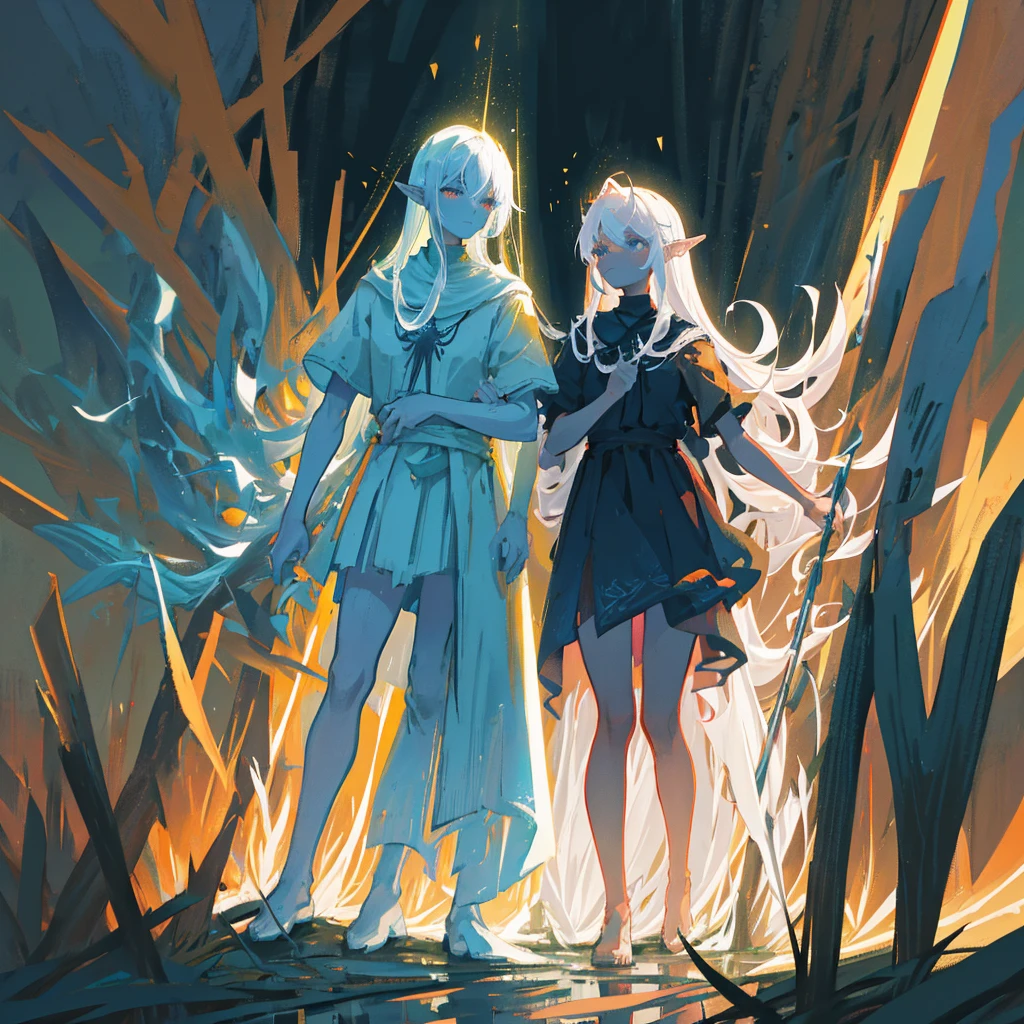 "In the foreground, several majestic spears of light, ethereal and brilliantly glowing, hover in mid-air as if suspended by an unseen force. Each spear is intricately designed, with radiant light emanating from its core, creating a sharp, blinding aura around the edges. The spears are composed of pure magical energy, their surfaces shimmering with hues of gold and white, occasionally flickering with electric blue sparks.
Standing behind the spears, a figure with long, flowing white hair and pointed elf ears holds a staff in one hand. The figure's face is obscured in shadow, leaving only the striking contrast of the white hair and the elongated ears visible. The staff, elegant and ancient in design, glows faintly with the same magical energy as the spears, indicating its role in their creation.
In the background, a murky swamp spreads out, its dark, stagnant waters dotted with patches of thick, green algae. The swamp's surface reflects the eerie glow of the spears, casting long, haunting shadows. The surrounding environment is shadowy and foreboding, the air thick with mist and the faint odor of decaying vegetation. The contrast between the pure, powerful light of the spears and the grim, muddy swamp creates a striking visual tension, making the scene both ominous and mesmerizing."