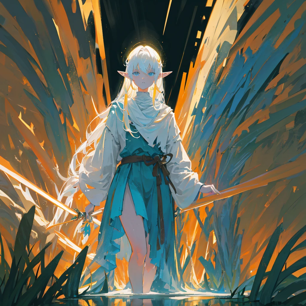 "In the foreground, several majestic spears of light, ethereal and brilliantly glowing, hover in mid-air as if suspended by an unseen force. Each spear is intricately designed, with radiant light emanating from its core, creating a sharp, blinding aura around the edges. The spears are composed of pure magical energy, their surfaces shimmering with hues of gold and white, occasionally flickering with electric blue sparks.
Standing behind the spears, a figure with long, flowing white hair and pointed elf ears holds a staff in one hand. The figure's face is obscured in shadow, leaving only the striking contrast of the white hair and the elongated ears visible. The staff, elegant and ancient in design, glows faintly with the same magical energy as the spears, indicating its role in their creation.
In the background, a murky swamp spreads out, its dark, stagnant waters dotted with patches of thick, green algae. The swamp's surface reflects the eerie glow of the spears, casting long, haunting shadows. The surrounding environment is shadowy and foreboding, the air thick with mist and the faint odor of decaying vegetation. The contrast between the pure, powerful light of the spears and the grim, muddy swamp creates a striking visual tension, making the scene both ominous and mesmerizing."