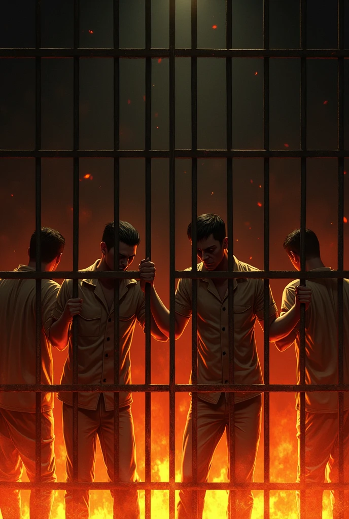 Create me a 750 x 1334 image Where the image is divided into 3 vertically, that the bottom part turns yellow and simulates flames coming out like a fire, The top part will be black, which is where the future title will go, and in the middle part a death red color will be used and it shows several male inmates who can be seen up to their hips grabbing the bars of the cell while they burn.