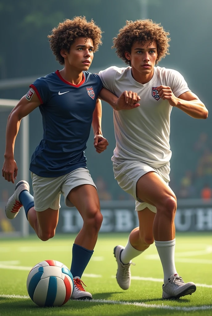 Male twins, with curly hair and blue eyes, one playing American football and the other playing volleyball, realistic image