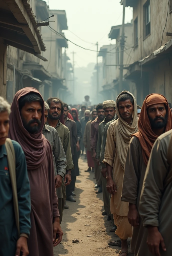 Generate an image of poor pakistani people standing in line for for food and a person making their video