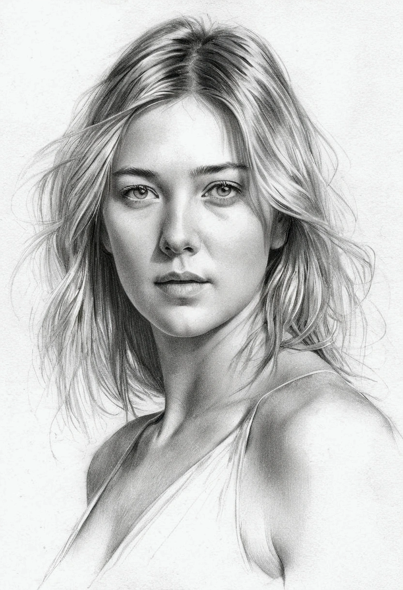 A delicate, graphite sketch portrays, a nude young beautiful Maria Sharapova, medium firm breasts, standing bare feet without background, her features rendered in subtle shading and precise lines. The framing is tight, focusing attention on the subject's serene face. Soft, feathery strokes convey the gentle texture of her hair, 