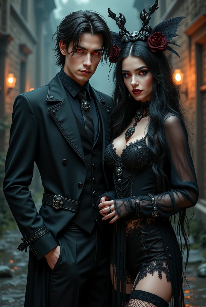 A handsome red-eyed guy wearing a gothic suit and skull accessories. With a beautiful red-eyed woman wearing a gothic mini dress with skull accessories and stockings.
