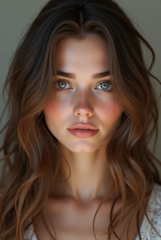 Head of a 20 year old woman, brown hair and brown eyes,quite fine nose and pretty mouth, and exceptionally realistic woman