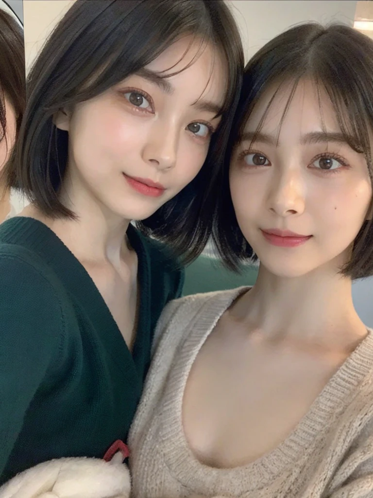 (masterpiece:1.3), (8k, Photoreal, Raw photo, best image quality: 1.4), Japanese high school girl、(random hairstyle:1.2)、cleavage:1.5、super detail face、eye for details、double eyelid、chest to chest、sharp focus:1.2、Beautiful woman:1.4、light brown hair、highest quality、masterpiece、超A high resolution、(Photoreal:1.4)、Highly detailed and professionally lit smiles、loose and light knitwear、shoulder out、thin、serious expression、short haired、deadly position
similar identical twins
All the girls have the exact same face, The two have the same face and figure, as if they were mirror images.