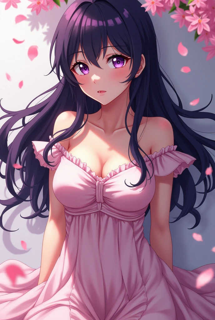 Hyperrealistic, masterpiece, absurdres, (hinata hyuga,hyuga hinata), 1girl, solo,mature female, dress floral off shoulder, looking at viewer, (falling petals), perfect composition, detailed lips, big breast, beautiful face, body propotion, blush, (pink lips), long hair, purple eyes, soft gaze, super realistic, detailed, photoshoot, realistic face and body, sexual expression, seductive expression,