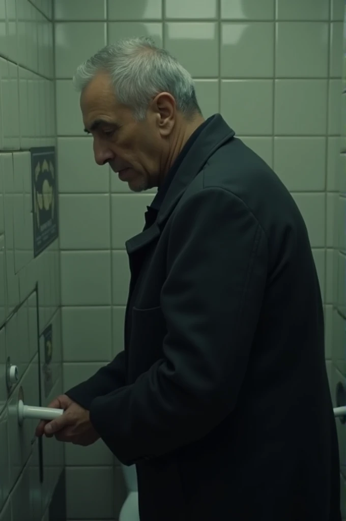 Cevher Güngöran peeing on the urinal. (((urine visible))), side shot, Poyraz Karayel