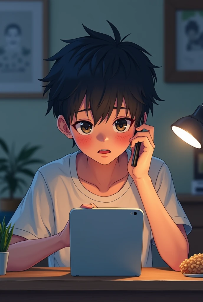 A boy talking hisr girlfriend by phone longdistance anime