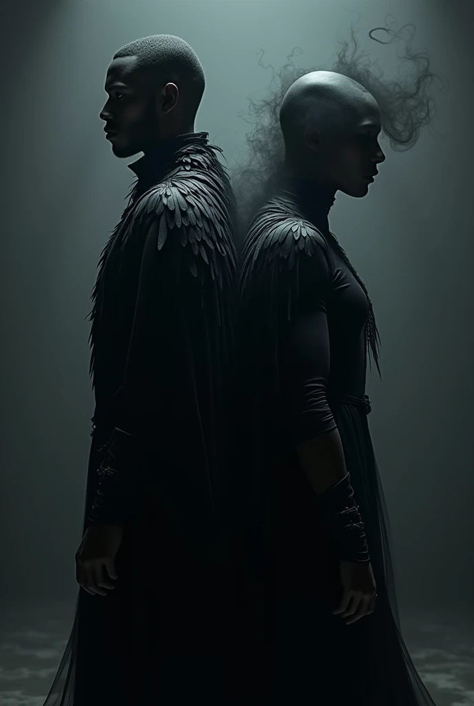 A side view of a jet-black winged man and a black human-shaped mist standing back to back