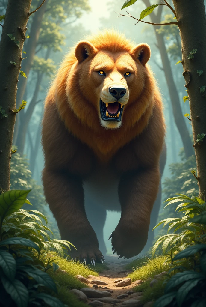 A bear mixed with a lion in the forest