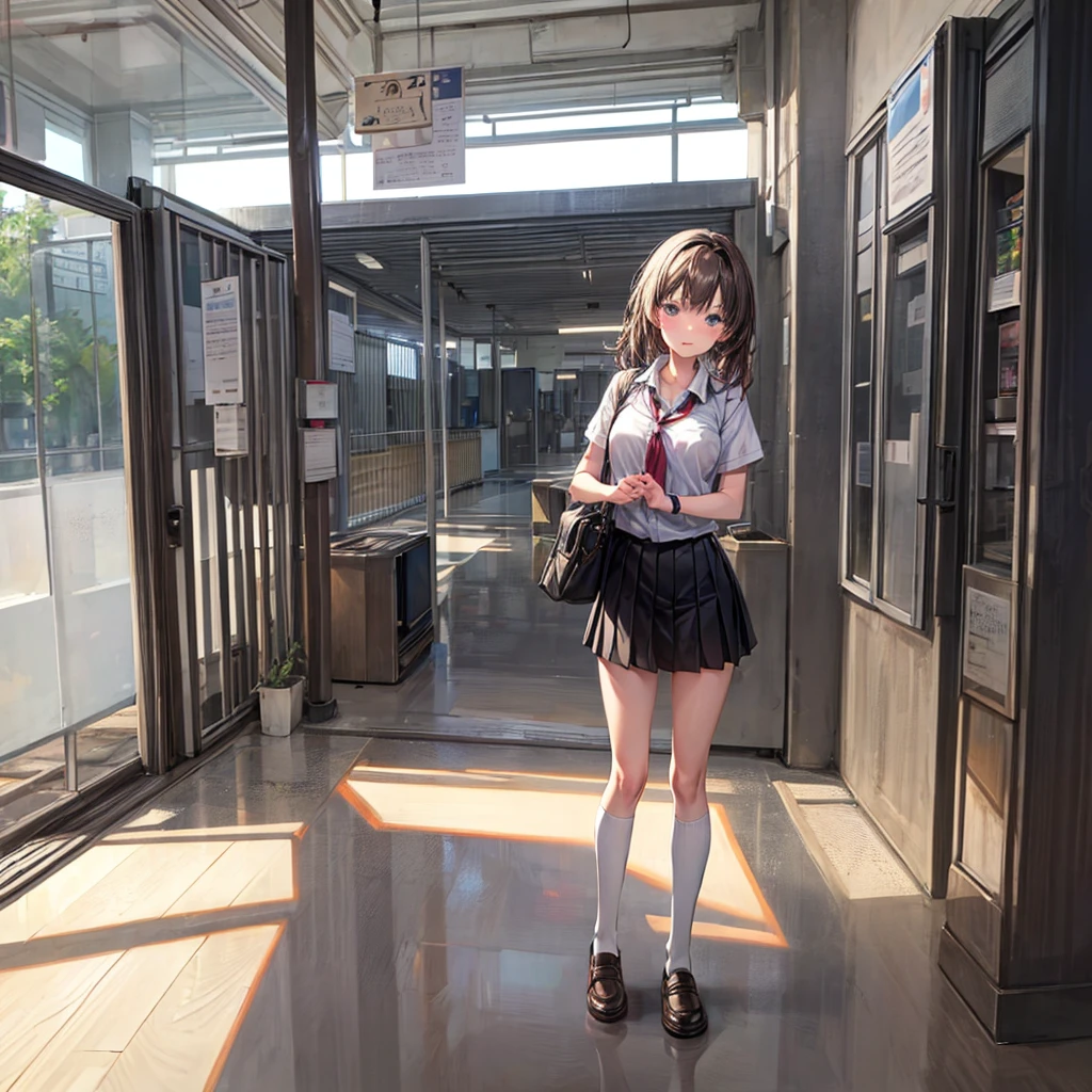 Quiet teaching building on weekends,Empty first floor lobby,Girl holding a transparent stationery bag,Staring at the class sign。
