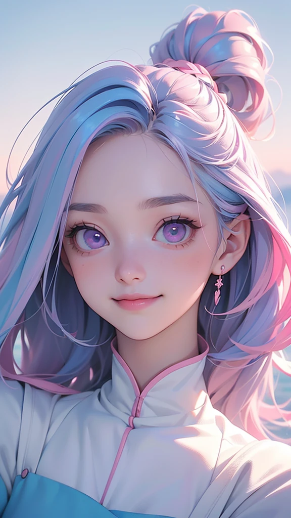 One girl, (High resolution, masterpiece, accurate, Anatomically correct), ((The body is facing sideways, but the face is twisted towards the camera.、A little smile))、(Light blue and pink two-tone hair、Pink eyes)、(Demon Slayer Nezuko Cosplay)((Blurred view from the top of the mountain))Highest quality, Ultra high definition, High-resolution model,