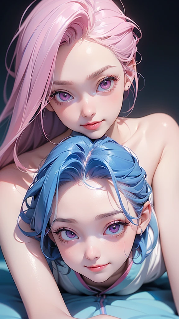 a couple of women standing side by side, cream dripping on the face, v, kawaii colors, goo, blue and pink, pink and blue, 💕 🎀, lesbian, anime girl cosplay, anime girls, (colorful), head and body, covered in pink flesh, lush anime john 8k woods, two girls --auto --s2