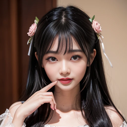 best quality, Delicate face，beautiful visual work, lifelike,  eternity, black hair, Long curly hair, blunt bangs, Smile, Detailed Background,  Delicate face，pink blush，cold，((masterpiece))、(top quality)、8k、high detail、Super detailed，31 years old female，Wearing ****ta dress、Seductive and whimsical style、masterpiece、born、Scenes resembling fairy tale illustrations、Intricate details and complex designs、Beautifully、magic、capricious、 Beautifully、Dream aesthetics、「𝓡𝓸𝓶𝓪𝓷𝓽𝓲𝓬、ethereal、charming、fickle、magic」、Realism、Visual effects、FXAA、SSAO、Shaders、voiceless、ambient lighting、Tone mapping、High resolution、Ultra high quality、Million pixels、(8K resolution:1.10)、8k、Below 8K、8K resolution、high detail、intricate details， (high quality:1.2、masterpiece:1.2、:1.21)、(21 years old female:1.21)、(Smile excitedly)、(Surrounded by the dreamy atmosphere、Model diagram，full-body shot，Normal 2 feet，Don't show your fingers