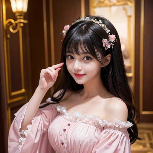 best quality, Delicate face，beautiful visual work, lifelike, eternity, black hair, Long curly hair, blunt bangs, Smile, Detailed Background, Delicate face，blush，cold，((masterpiece))、(top quality)、8k、high detail、Super detailed，41-year-old female， masterpiece、born、Scenes resembling fairy tale illustrations、intricate details和複雜的設計、Beautifully、magic、capricious、 Beautifully、Dream aesthetics、「𝓡𝓸𝓶𝓪𝓷𝓽𝓲𝓬、ethereal、charming、fickle、magic」、realism、Visual effects、FXAA、SSAO、Shader、voiceless、ambient lighting、Tone mapping、High resolution、Ultra high quality、Million pixels、(8K resolution:1.10)、8k、8k以下、8K resolution、high detail、intricate details， (high quality:1.2、masterpiece:1.2、:1.21)、(41-year-old female:1.21)、(興奮地Smile)、(Surrounded by a dreamy atmosphere、Model diagram，full-body shot，Normal 2 feet，Put your hands behind you，The protrusion of the breast is visible when wearing clothes, Large Breasts, H cup chest, pink clothes, Don&#39;t show your fingers, full-body shot， full-body shot，full-body shot，full-body shot，full-body shot，full-body shot，full-body shot，full-body shot，hands hidden in clothes, hands hidden in clothes,hands hidden in clothes,hands hidden in clothes,hands hidden in clothes,hands hidden in clothes,hands hidden in clothes,hands hidden in clothes,hands hidden in clothes, ,hands hidden in sleeves ,hands hidden in sleeves ,hands hidden in sleeves ,hands hidden in sleeves ,hands hidden in sleeves ,hands hidden in sleeves ,hands hidden in sleeves ,hands hidden in sleeves, arms behind back, arms behind back, in the amusement park, at disneyland, Bow at the back of the waist, Skirt length to calf, cupcake dress, Layered skirt with lace on each layer, Wear a LOLITA dress, layered dress, Pink lolita skirt, lots of lace, Long sleeve, Wide sleeves, Big skirt, layered lace skirt, Puff sleeves, Wide sleeves, Transparent sleeves, intricate details showcase the ruffles and intricate designs of the Lolita dress, Wearing a lolita dress,