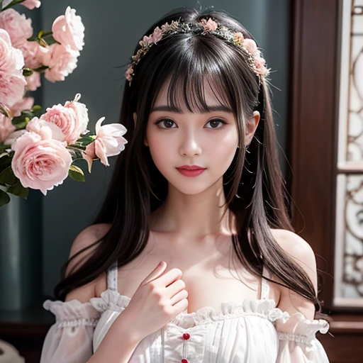 best quality, Delicate face,beautiful visual work, lifelike, eternity, black hair, Long curly hair, blunt bangs, Smile, Detailed Background, Delicate face,pink blush,cold,((masterpiece))、(top quality)、8k、high detail、Super detailed,31 years old female,Wearing ta dress、Seductive and whimsical style、masterpiece、born、Scenes resembling fairy tale illustrations、Intricate details and complex designs、Beautifully、magic、capricious、 Beautifully、Dream aesthetics、「𝓡𝓸𝓶𝓪𝓷𝓽𝓲𝓬、ethereal、charming、fickle、magic」、Realism、Visual effects、FXAA、SSAO、Shaders、voiceless、ambient lighting、Tone mapping、High resolution、Ultra high quality、Million pixels、(8K resolution:1.10)、8k、Below 8K、8K resolution、high detail、intricate details, (high quality:1.2、masterpiece:1.2、:1.21)、(21 years old female:1.21)、(Smile excitedly)、(Surrounded by the dreamy atmosphere、Model diagram,full-body shot,Normal 2 feet,Don't show your fingers