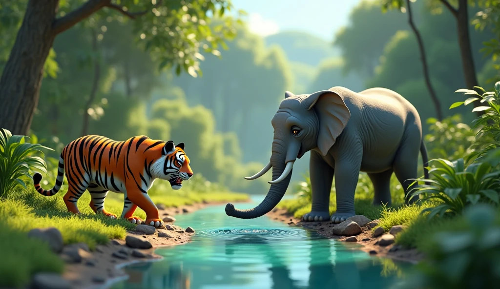 In cinematic 3D cartoon style. Elephant and Tiger in Action:Description: The elephant, with a wise and determined expression, uses its trunk to clear debris from a riverbed, while the tiger, agile and focused, navigates through the underbrush to find the source of the water. Both animals should look dynamic and cooperative.