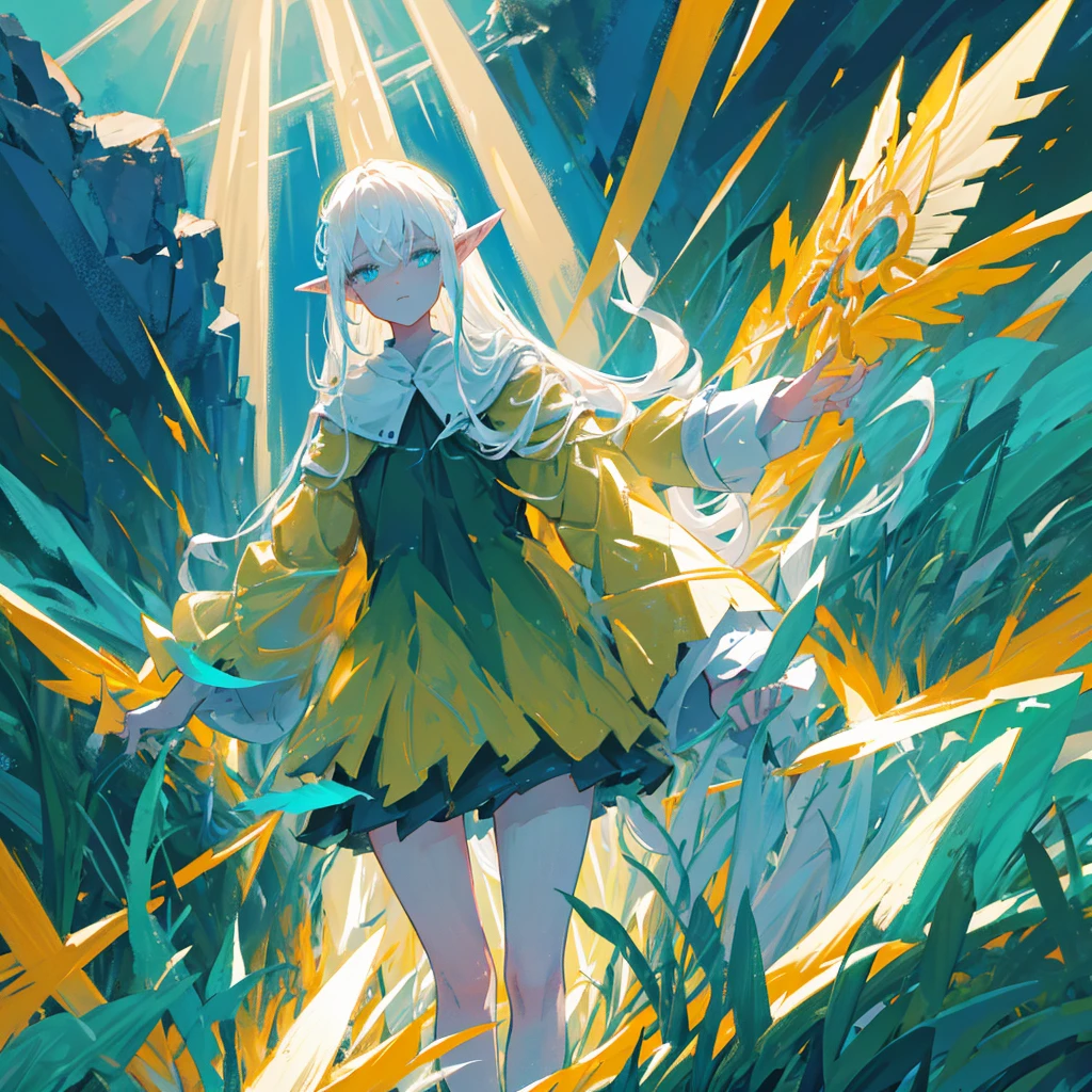 

"In the foreground, several majestic spears of light, ethereal and brilliantly glowing, hover in mid-air as if suspended by an unseen force. Each spear is intricately designed, with radiant light emanating from its core, creating a sharp, blinding aura around the edges. The spears are composed of pure magical energy, their surfaces shimmering with hues of gold and white, occasionally flickering with electric blue sparks.

Standing behind the spears, a figure with long, flowing white hair and pointed elf ears holds a staff in one hand. The figure's face is obscured in shadow, leaving only the striking contrast of the white hair and the elongated ears visible. The staff, elegant and ancient in design, glows faintly with the same magical energy as the spears, indicating its role in their creation.

In the background, a murky swamp spreads out, its dark, stagnant waters dotted with patches of thick, green algae. The swamp's surface reflects the eerie glow of the spears, casting long, haunting shadows. The surrounding environment is shadowy and foreboding, the air thick with mist and the faint odor of decaying vegetation. The contrast between the pure, powerful light of the spears and the grim, muddy swamp creates a striking visual tension, making the scene both ominous and mesmerizing. Elf is a man. Green eyes, and beatiful boy. 