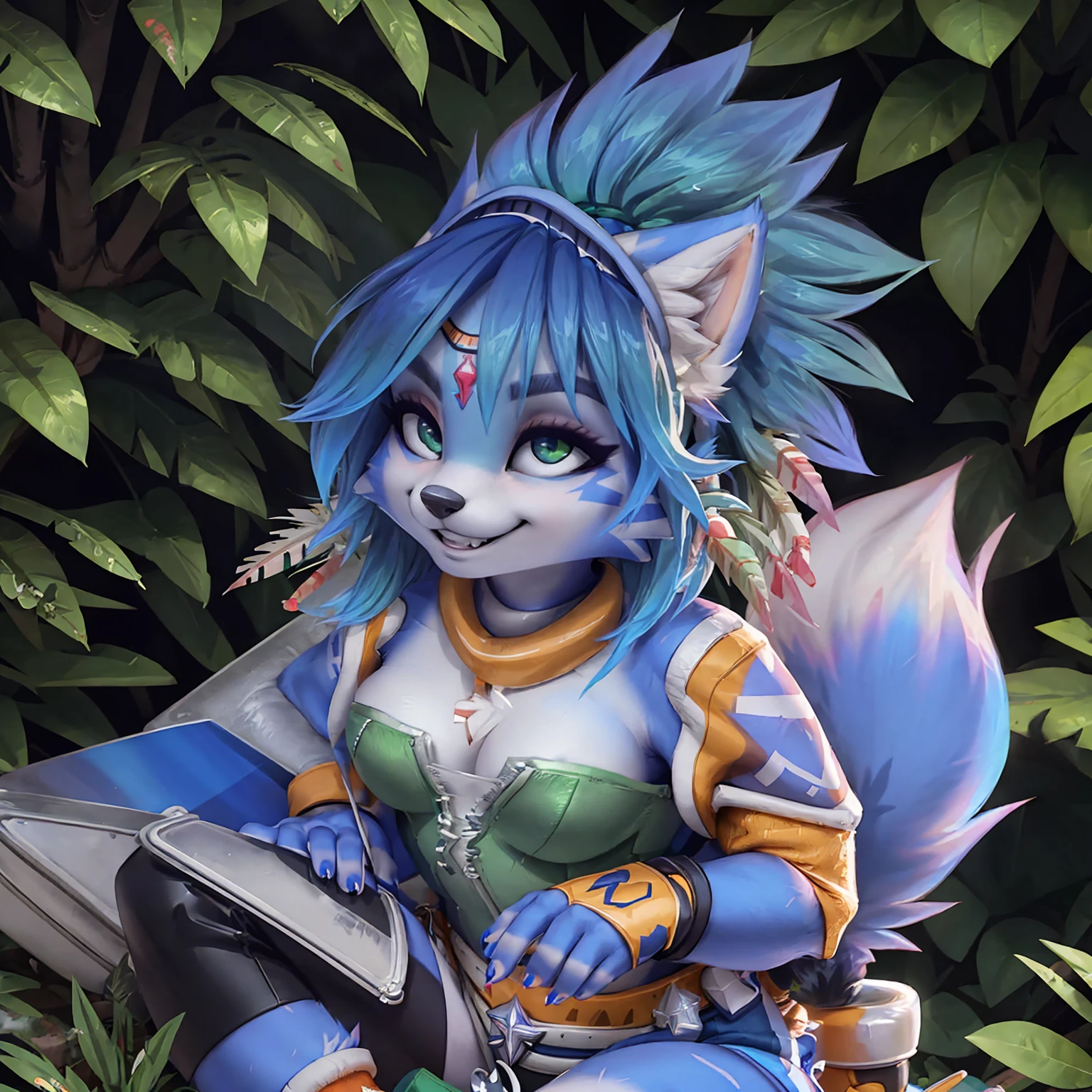 A beautiful and detailed (sweet picture) wa ((krystal)), Star Fox Krystal, sslim, lovable, green eyes, medium breasts, (((Long blue hair 1.3))), ((Tips for black hair)), Decollete, grin, look up,, anthro, furry, Uploaded E621, detailed fluffy fur, (wa Fluff-Kevlar, Bayard Wu, personalize me, Pino Daeni), detailed face, (fluffy), 1 girl, alone, (((Tribal clothing:1.3))), ((leather breastplate)), sweet girl, alone,