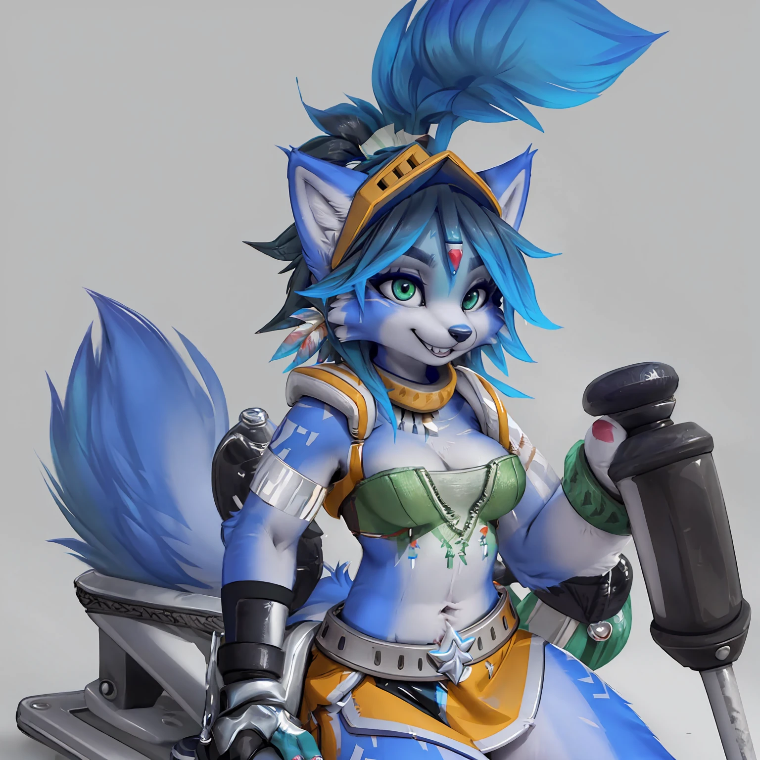 A beautiful and detailed (sweet picture) wa ((krystal)), Star Fox Krystal, sslim, lovable, green eyes, medium breasts, (((Long blue hair 1.3))),  ((Tips for black hair)), Decollete, grin, look up,, anthro, furry, Uploaded E621, detailed fluffy fur, (wa Fluff-Kevlar, Bayard Wu, personalize me, Pino Daeni), detailed face, (fluffy), 1 girl, alone, (((Tribal clothing:1.3))), ((leather breastplate)), sweet girl, alone,
