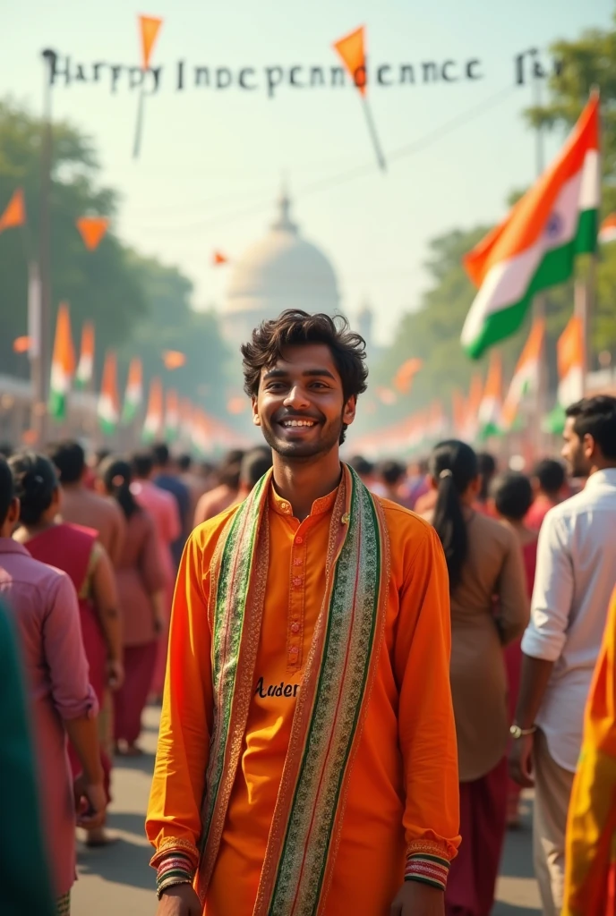 "Generate a real-life image of a 21-year-old (boy) joyfully celebrating Indian Independence Day. The individual is dressed in traditional Indian attire with the name 'Deeven' prominently displayed on their clothing. The sky above them features the words 'Happy Independence Day' in a bold font. The background is alive with a crowd of people celebrating, creating a vibrant and patriotic atmosphere."