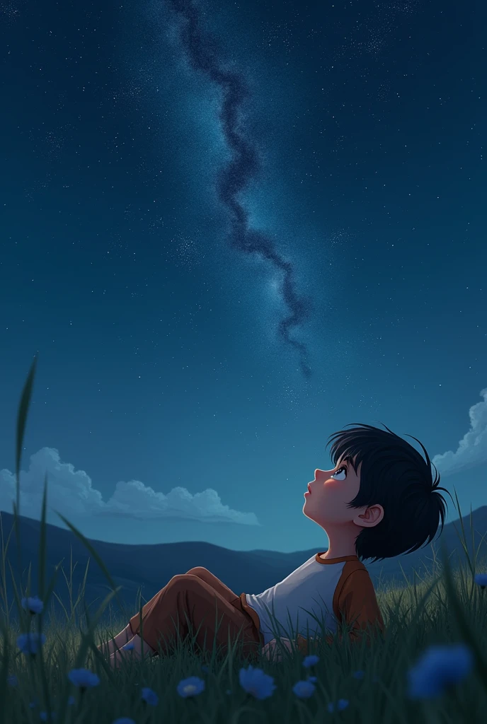 An Image Of A Boy Lying Alone Looking At The Night Sky