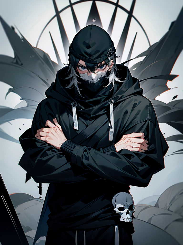 1male, adult, messy hair, black hair, beanie, hood over head, black eyes, skull mask, eye piercing, lazy expression, serious expression, cape,  black military outfit, black sweatpants, muscular build, arms folded