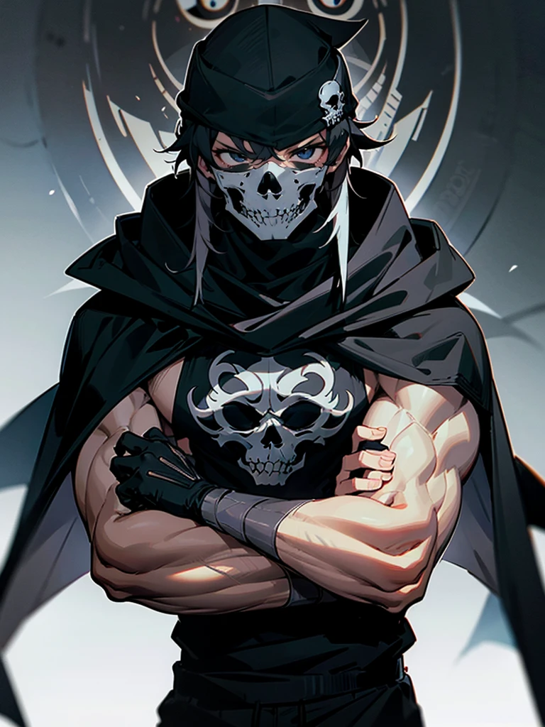 1male, adult, messy hair, black hair, beanie, hood over head, black eyes, skull mask, eye piercing, lazy expression, serious expression, cape,  black military outfit, black sweatpants, muscular build, arms folded