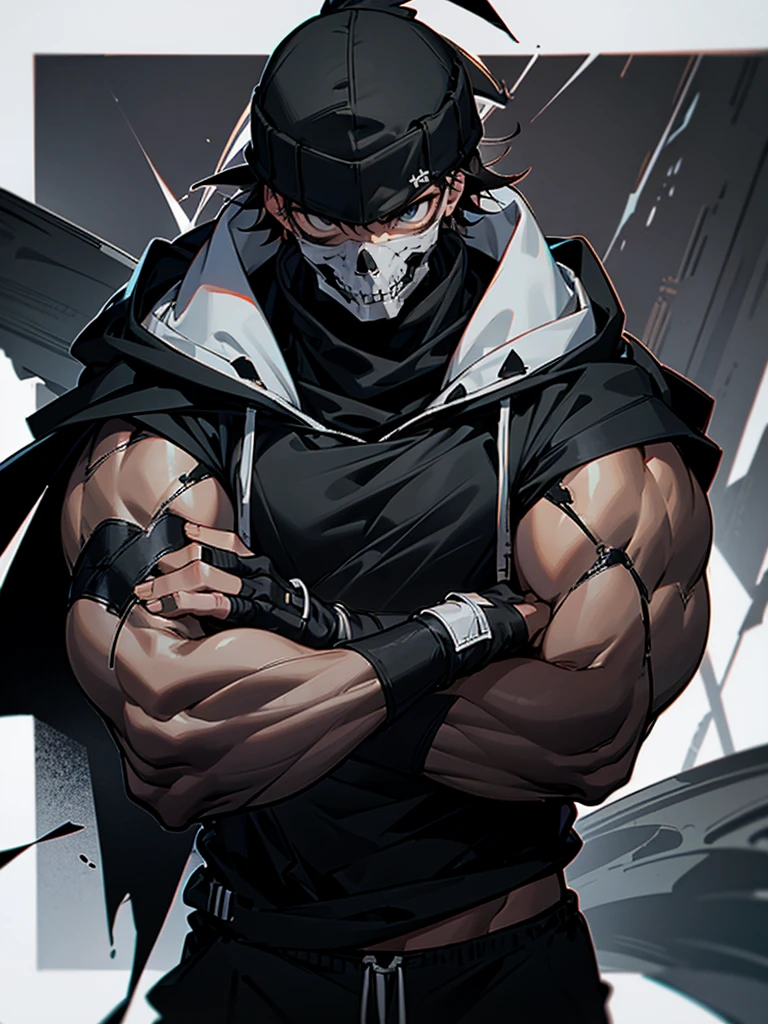 1male, adult, messy hair, black hair, beanie, hood over head, black eyes, skull mask, eye piercing, lazy expression, serious expression, cape,  black military outfit, black sweatpants, muscular build, arms folded