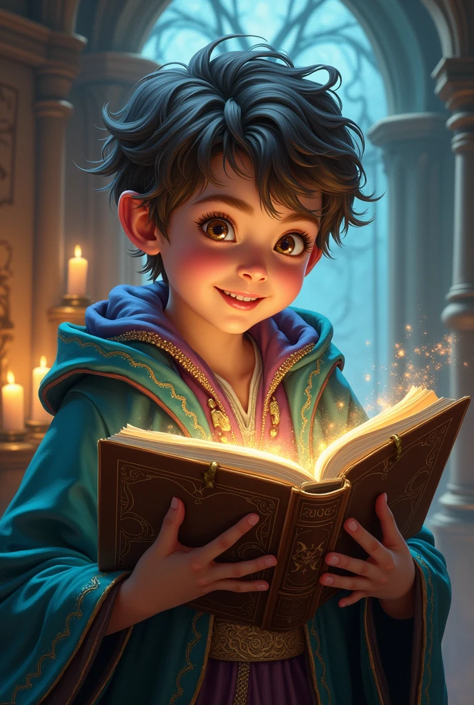 Pic of A young boy with a joyful expression, deeply engrossed in a large, ornate book. He wears a richly detailed, teal and purple robe with golden trim, suggesting he's a young sorcerer. Surrounding him are his imaginary scenarios like, He is getting a magic potion, he is diving in an ocean, he is fighting with dragon. hinting at the magical world bursting forth from the book. The scene is bathed in warm, inviting light, emanating from candles and magical sources alike, creating an atmosphere of wonder and enchantment.