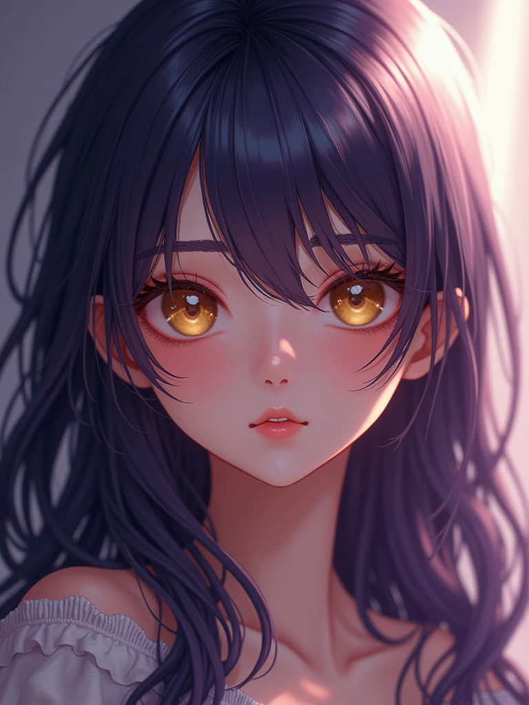 Create a cute ultra-realistic girl with long dark purple hair, honey-colored eyes, ultra-realistic