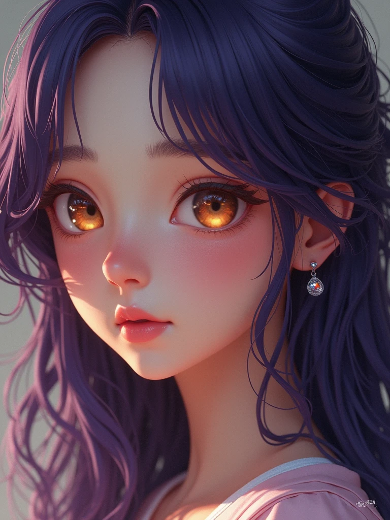 Create a cute ultra-realistic girl with long dark purple hair, honey-colored eyes, ultra-realistic