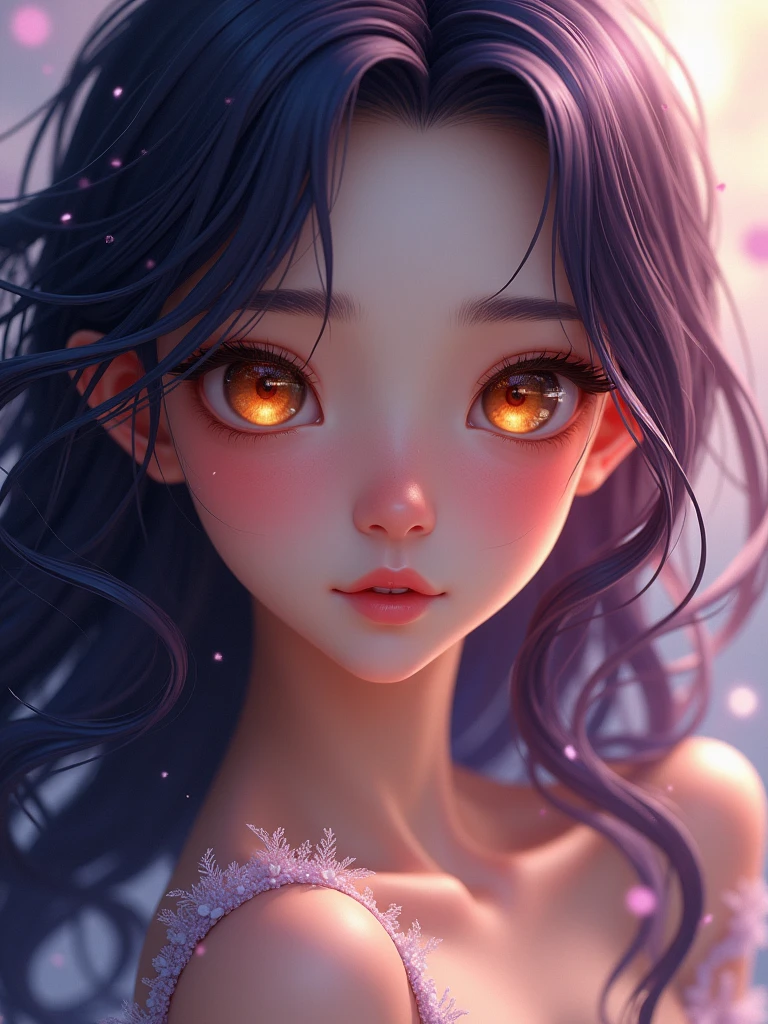Create a cute ultra-realistic girl with long dark purple hair, honey-colored eyes, ultra-realistic