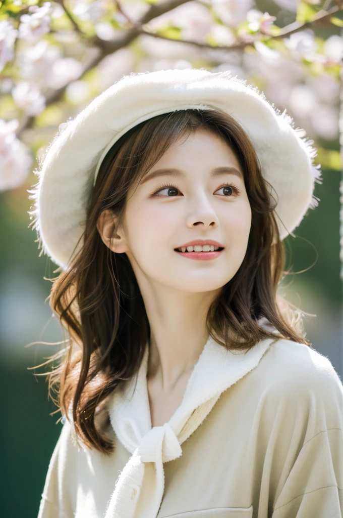 (8k, RAW photos, top quality, masterpiece: 1.2, very detailed, super resolution, real photo: 1.37), (whole body:1), 1 A noble and elegant Japanese woman, (Standing pole), Spring period, ((Pale color harmony, Spring fur hat scarf, Wearing a long white blouse, Oversized cargo pants, )), shining, laugh, Looks like 1.75 meters high, perfect proportions, skin hyper detail, 20 years old, perfect face, (detailed facial features), wavy hair, daylight, Spring period, Omotesando,