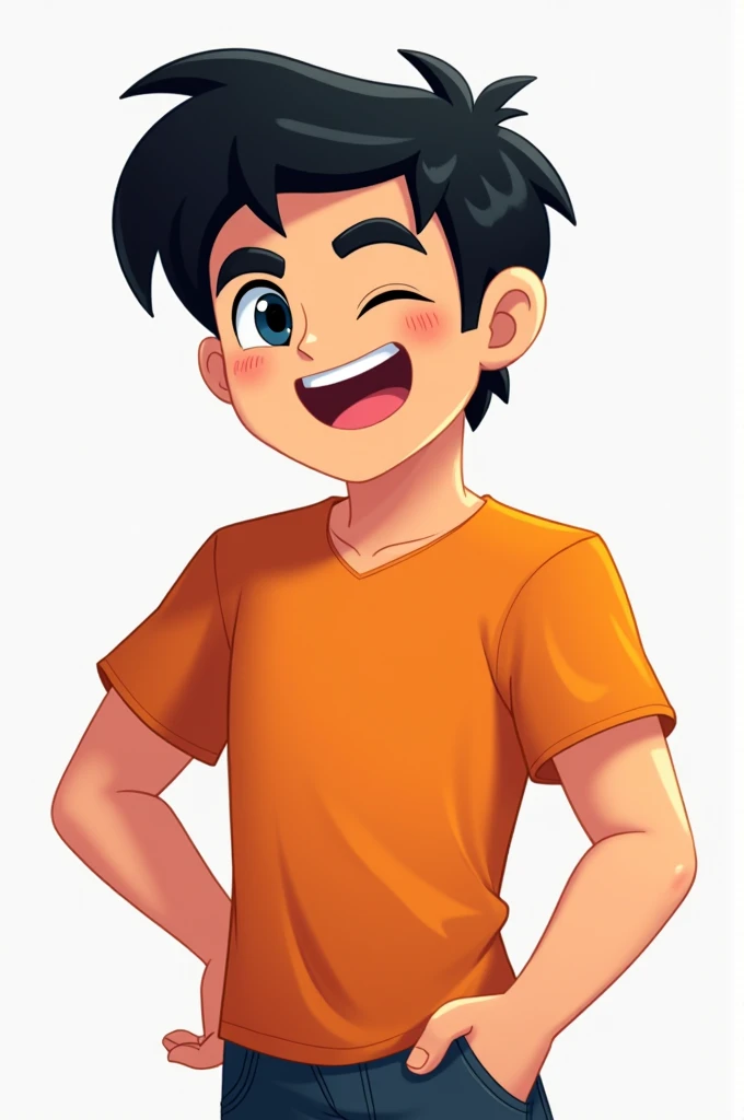 Logo of a minecraft character, Black haired man wearing orange t-shirt and winking gamer