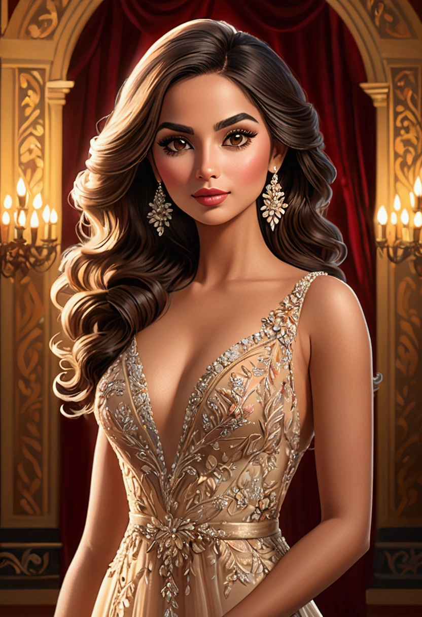 A beautiful Latina woman wearing an elegant evening gown, (best quality,4k,8k,highres,masterpiece:1.2),ultra-detailed,(realistic,photorealistic,photo-realistic:1.37),extremely detailed face and body, intricate dress details, dramatic lighting, cinematic composition, warm color palette, shallow depth of field, glowing skin, long eyelashes, full lips, alluring expression