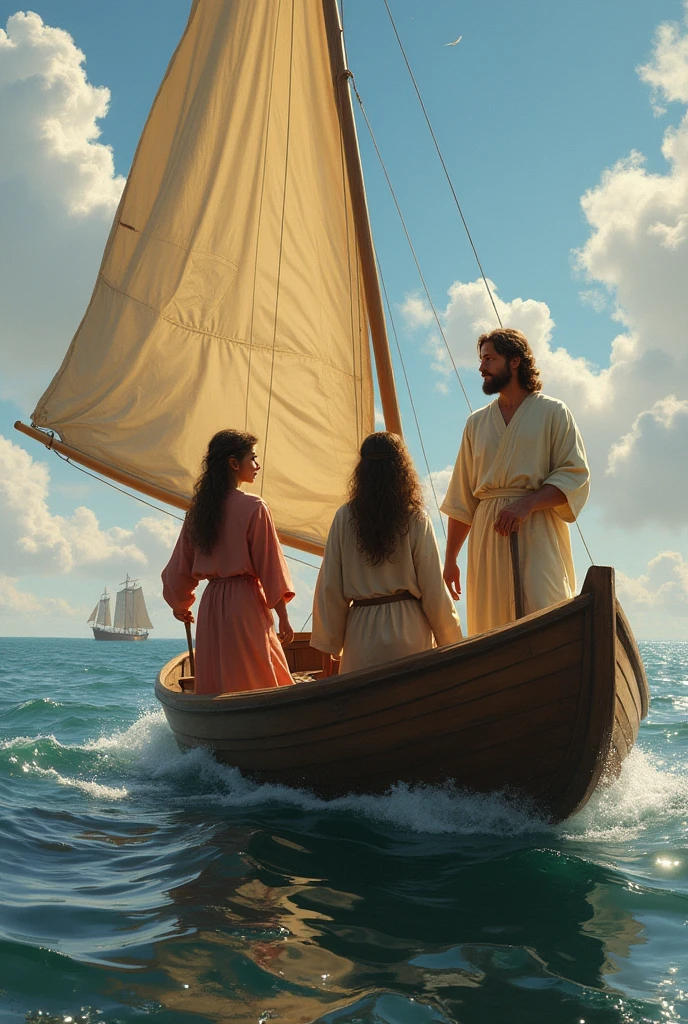Realistic Jesus Christ sailing in a boat from behind with a girl and a boy dressed