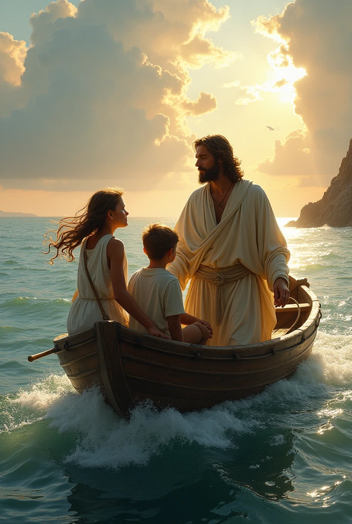 Realistic Jesus Christ sailing in a boat from behind with a girl and a boy dressed