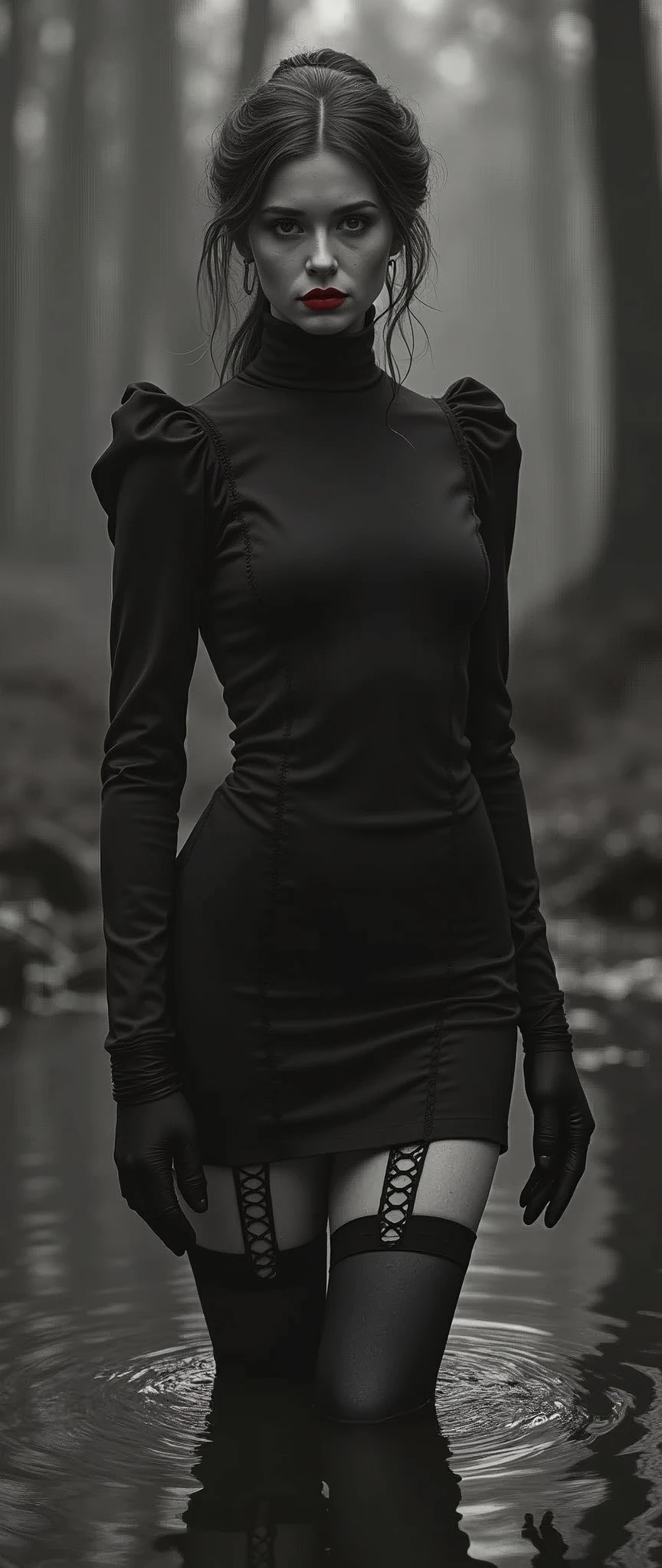 monochrome, sephia, drama, stuck in bog,high-neck style, closed Puritan dress, short mini-dress, hips, high-neck dress, aristocratic hairstyle, stockings with garters, red lips, aristocratic, gloves