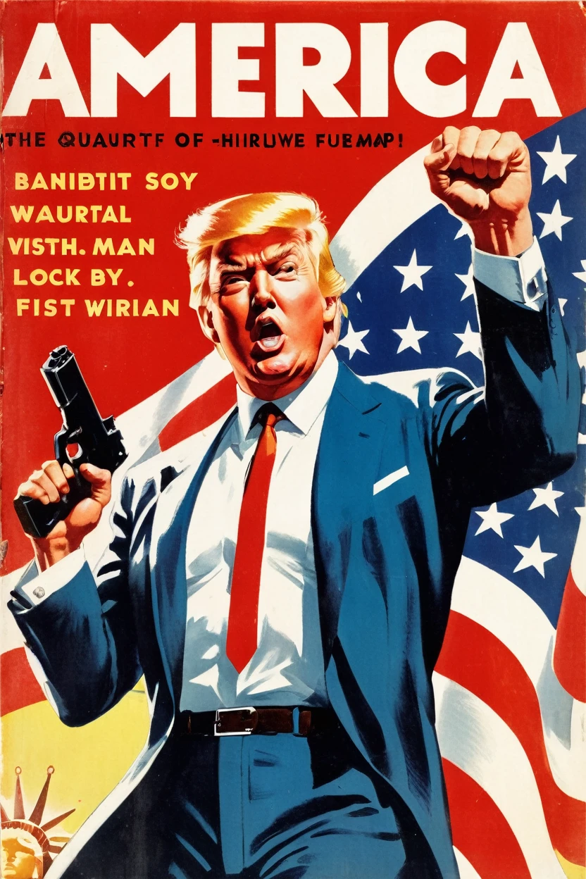 「AMERICA」The rough cover of the book (Filmotype Quaryフォント) fullbody of A man look a like mr.donald trump,a fist rise up,background with usa flag, Portrait by Robert Peake, CG Association Contest Winner, A new objectivity, 1 9 5 0 s Thriller, Dark vintage paperback cover, Pulp science fiction book cover art, 5 0 s pulp illustration, Zoom out