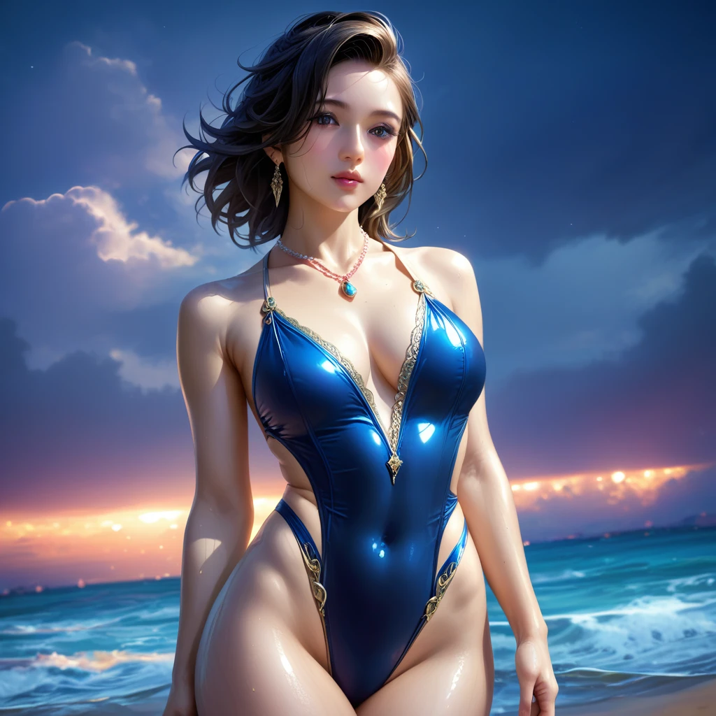 score_9, score_8_superior, score_7_superior, High resolution 3D anime style,A masterpiece in 32K resolution,Highest quality,it is really amazing,Very detailed,Ultra-high resolution,Ultra-realistic,Realistic,Increased depth of field,Cinematic lighting,
Elegant mature Japanese woman,
black straight medium hair,Ultra-detailed and beautiful face,Calm expression,Translucent white skin,Realistic skin texture,Great proportions,
Sexy high leg dress swimsuit,
Luxurious design,Chic color patterns,Beautifully detailed decoration,Detailed fabric texture,
Gorgeous necklace,Earrings,
Dark skies before the storm,Dark clouds covering the dark sky,Thunderclouds rolling in,Coastline at night,Stormy seas,delay々A desolate sandy beach that continues,
Dramatic Angle,