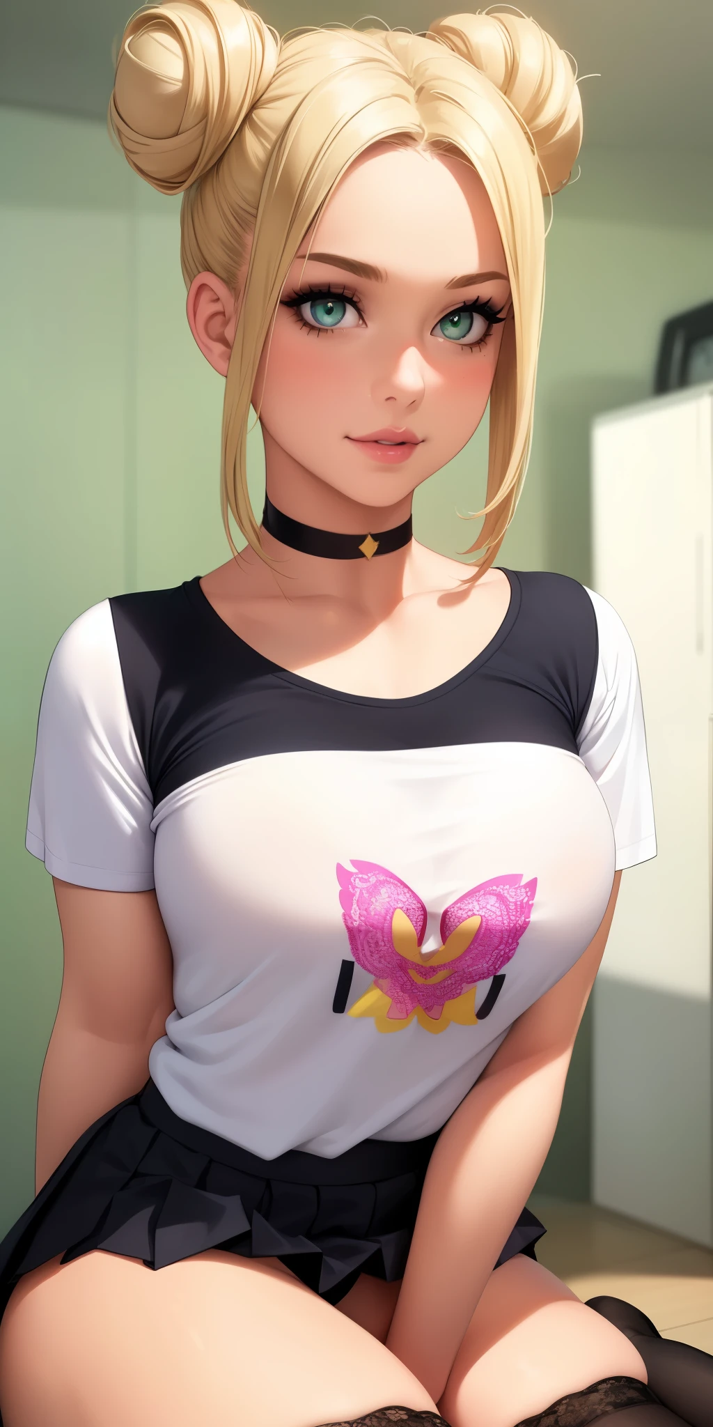 (best quality, ultra-detailed, photorealistic: 1.39), bright and vibrant colors, studio lighting, romantic expression, An effeminate girl, with a delicate and beautiful face. She is a girl who reflects seductive beauty, she has light green eyes, has a thin body, but well designed, your skin is tanned and very pale. her hair is black with two side buns, likes to wear makeup, ((Wear a black choker)), outfit emocore, she wears a cute pleated skirt, lace high socks, band t-shirt, school
