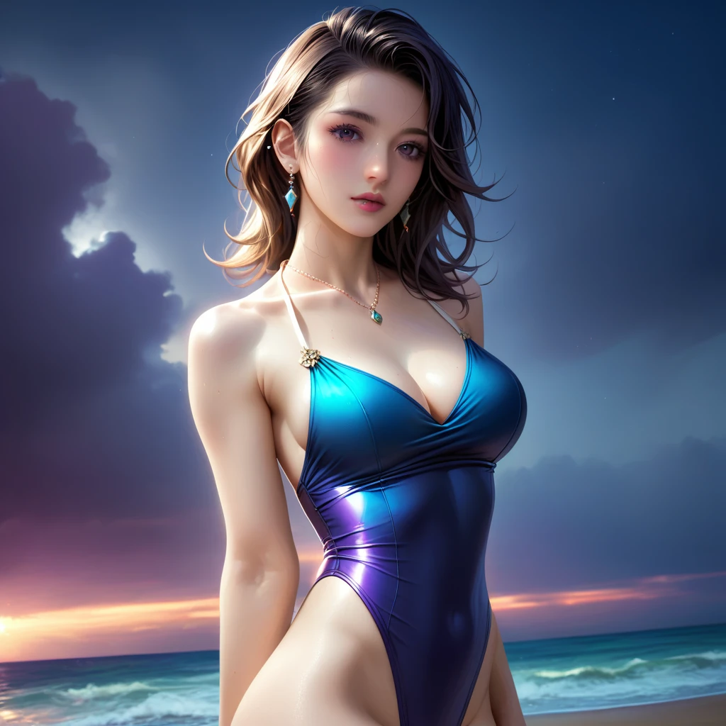 score_9, score_8_superior, score_7_superior, High resolution 3D anime style,A masterpiece in 32K resolution,Highest quality,it is really amazing,Very detailed,Ultra-high resolution,Ultra-realistic,Realistic,Increased depth of field,Cinematic lighting,
Elegant mature Japanese woman,
black straight medium hair,Ultra-detailed and beautiful face,Calm expression,Translucent white skin,Realistic skin texture,Great proportions,
Sexy high leg dress swimsuit,
Luxurious design,Chic color patterns,Beautifully detailed decoration,Detailed fabric texture,
Gorgeous necklace,Earrings,
Dark skies before the storm,Dark clouds covering the dark sky,Thunderclouds rolling in,Coastline at night,Stormy seas,delay々A desolate sandy beach that continues,
Dramatic Angle,