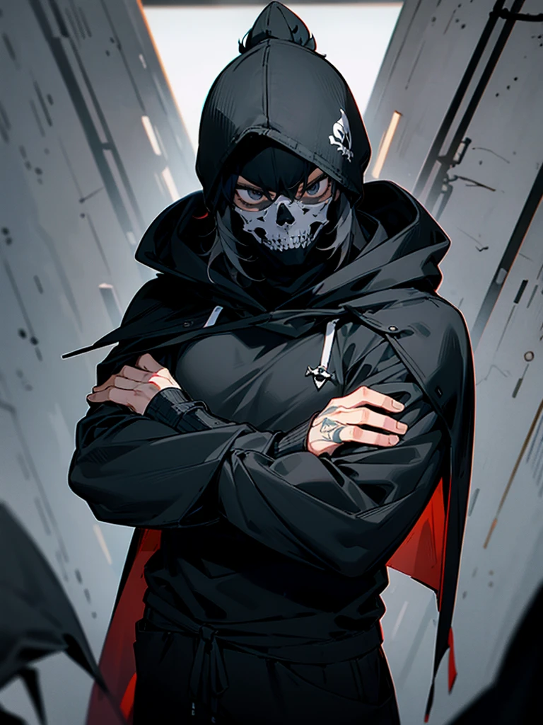 1male, adult, messy hair, black hair, beanie, hood over head, black eyes, skull mask, eye piercing, lazy expression, serious expression, cape,  black military outfit, black sweatpants, muscular build, arms folded