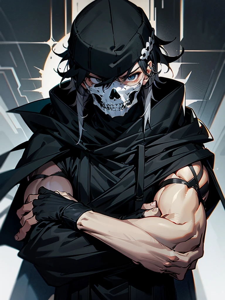 1male, adult, messy hair, black hair, beanie, hood over head, black eyes, skull mask, eye piercing, lazy expression, serious expression, cape,  black military outfit, black sweatpants, muscular build, arms folded